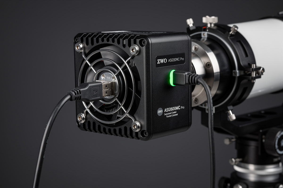 ZWO ASI2600MC Pro cooled astro camera with visible cooling fan and heat sink