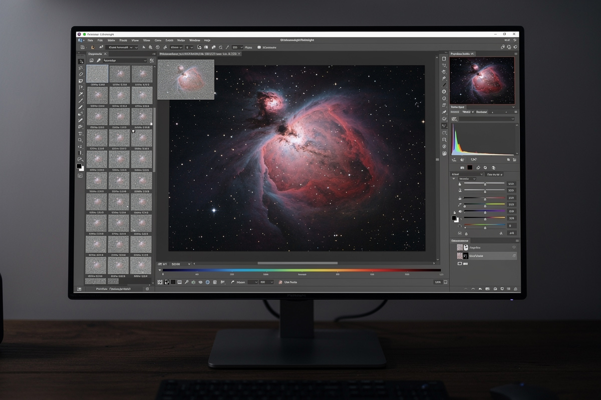 PixInsight image processing showing stack of 50 frames of the Orion Nebula