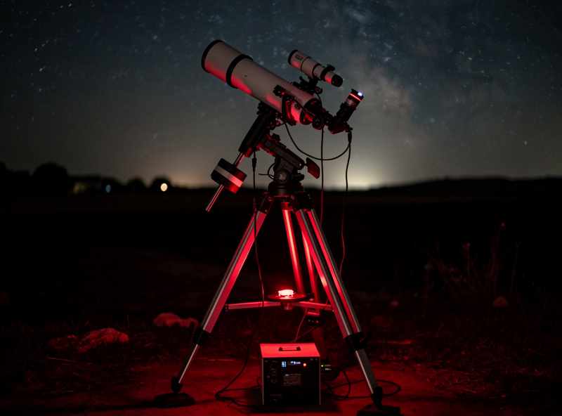 Camera on a star tracker pointed at the Milky Way with a tripod setup in a dark sky location