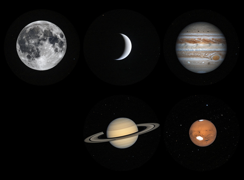 Grid showing telescope views of the Moon, Venus, Jupiter, Saturn, and Mars as seen through an amateur telescope