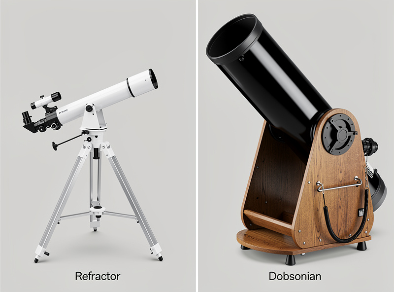 Side by side comparison showing a small portable refractor and a large Dobsonian reflector demonstrating the size difference