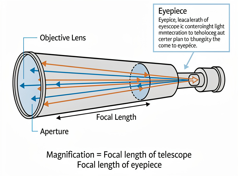 Diagram showing how light enters a telescope aperture and converges at the focal point, with labels for aperture focal length and eyepiece