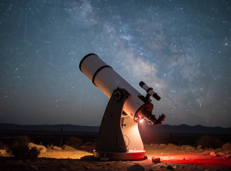 Night sky photograph showing a Dobsonian reflector telescope pointed upward with the Milky Way visible behind it in a dark sky location