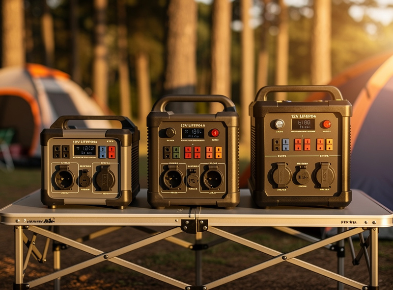 Three 12V LiFePO4 portable power tanks on a folding camp table for size comparison