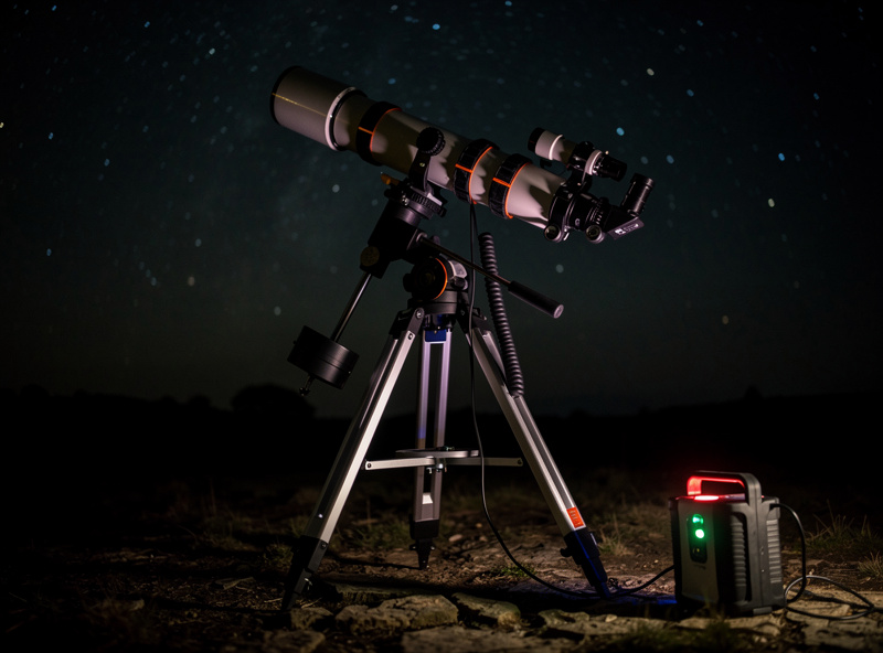 Equatorial mount with dew heater straps and a power tank battery in dark sky conditions
