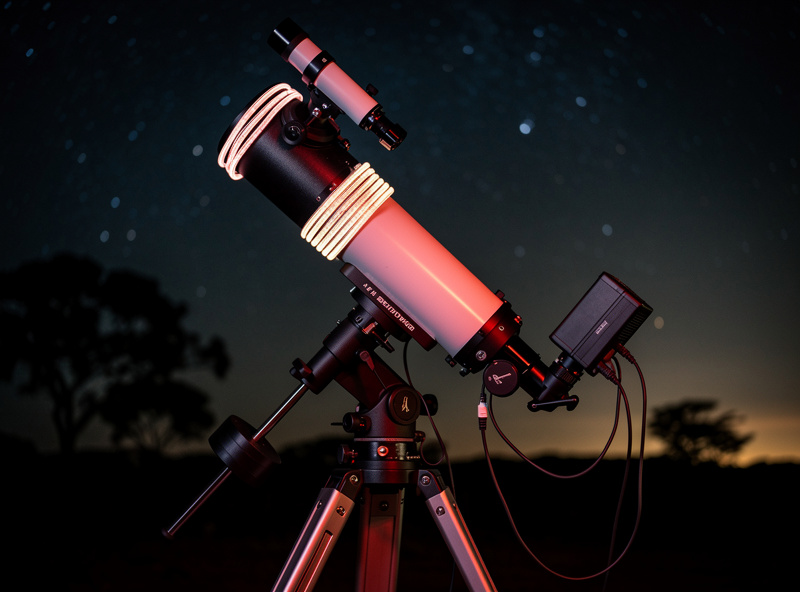 Complete astrophotography rig with equatorial mount guide scope and dew heater ready for imaging