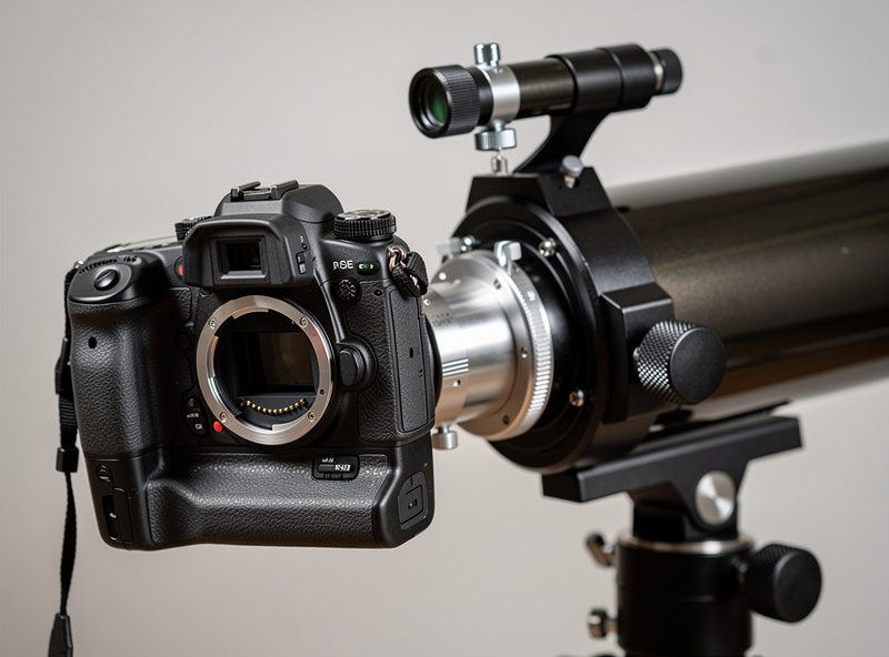 DSLR camera body attached to telescope focuser via T-ring adapter for astrophotography