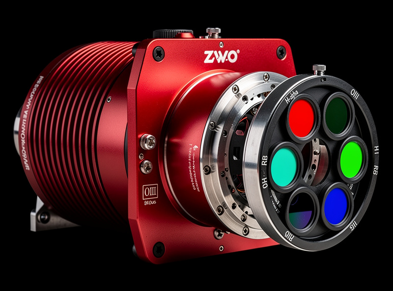 Cooled astronomy camera with filter wheel showing RGB and narrowband filters