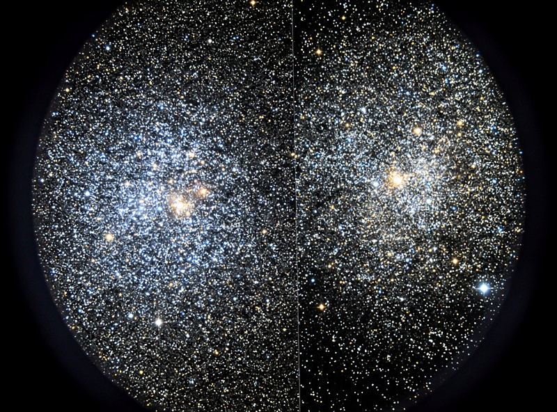 Double Cluster NGC 869 and NGC 884 in Perseus showing two rich star clusters with blue and gold stars