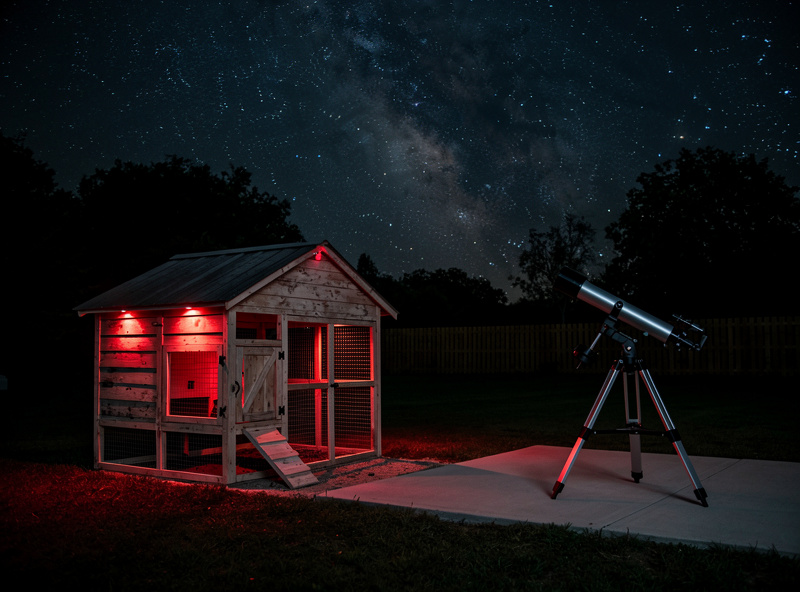 Suburban backyard at twilight with a chicken coop on the left fitted with red-spectrum motion sensor lights, a Dobsonian telescope on a concrete observing pad on the right, the Milky Way visible above