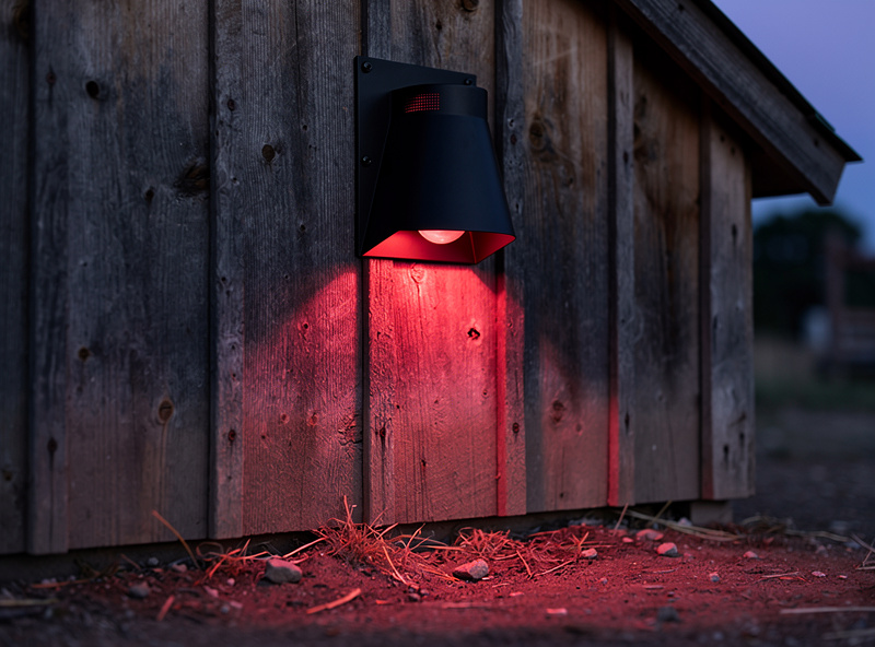 Close-up of a recessed full-cutoff outdoor light fixture mounted to a chicken coop wall, the red bulb deeply recessed inside a black metal cowl, casting a downward cone of red light onto the ground