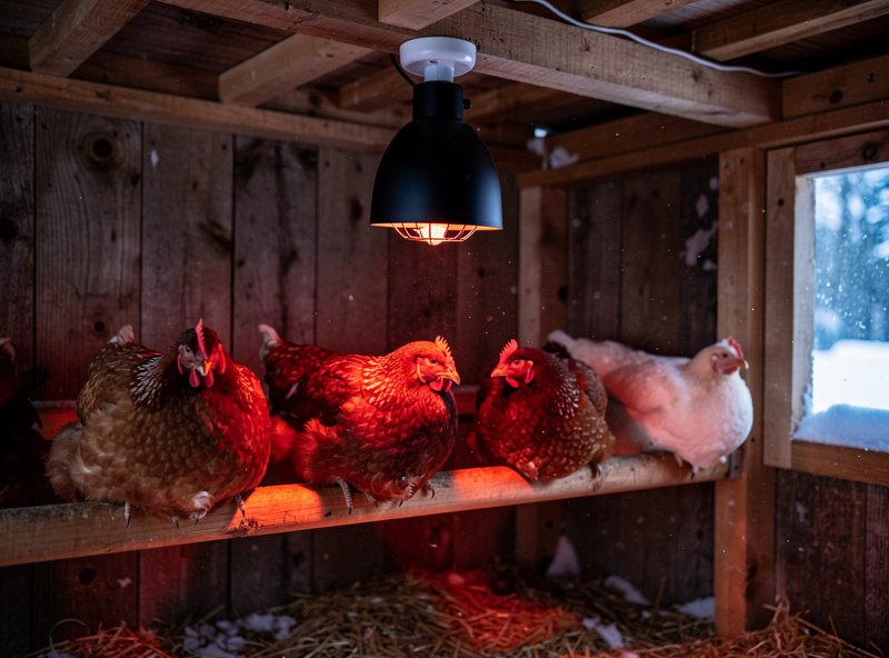 Inside a chicken coop in winter showing a black ceramic infrared heat emitter mounted in a porcelain socket above the chickens, no visible glow, the birds clearly warm and undisturbed