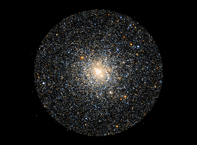 Dense globular star cluster showing hundreds of pinpoint stars packed into a spherical pattern