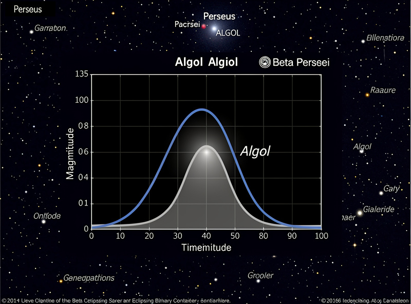 Algol eclipsing binary star field showing magnitude comparison between eclipse and peak brightness