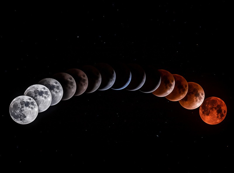 Lunar eclipse sequence showing transition from full to total eclipse with copper red color