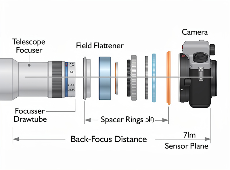 Back-focus distance measurement with spacer rings between flattener and camera sensor