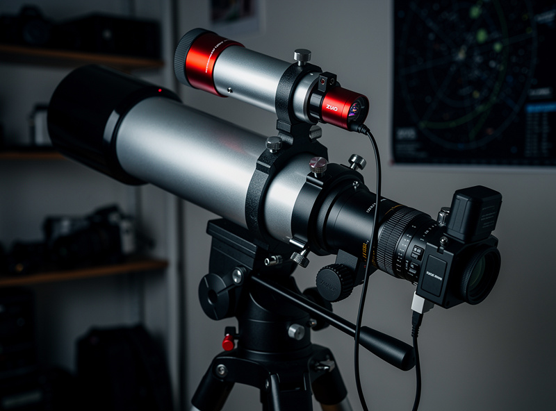 Guide scope piggyback mounted on main telescope with guide camera attached for autoguiding