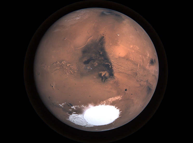 Mars at opposition showing Syrtis Major dark feature and polar ice cap