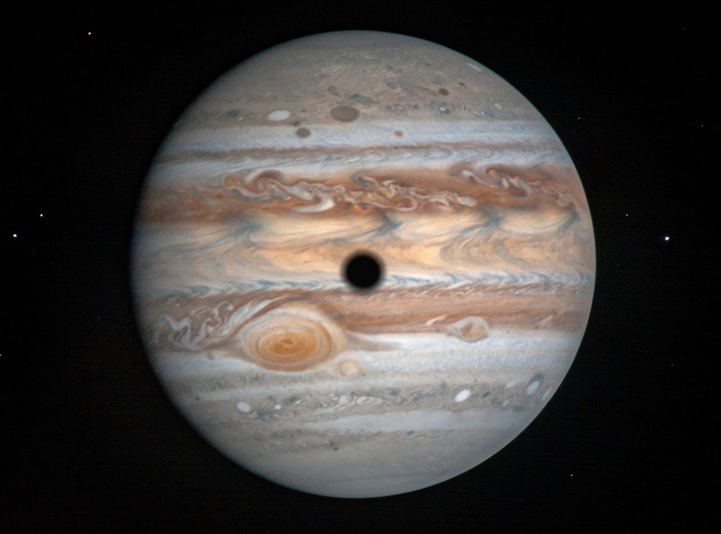 Jupiter shadow transit with moon shadow on cloud tops