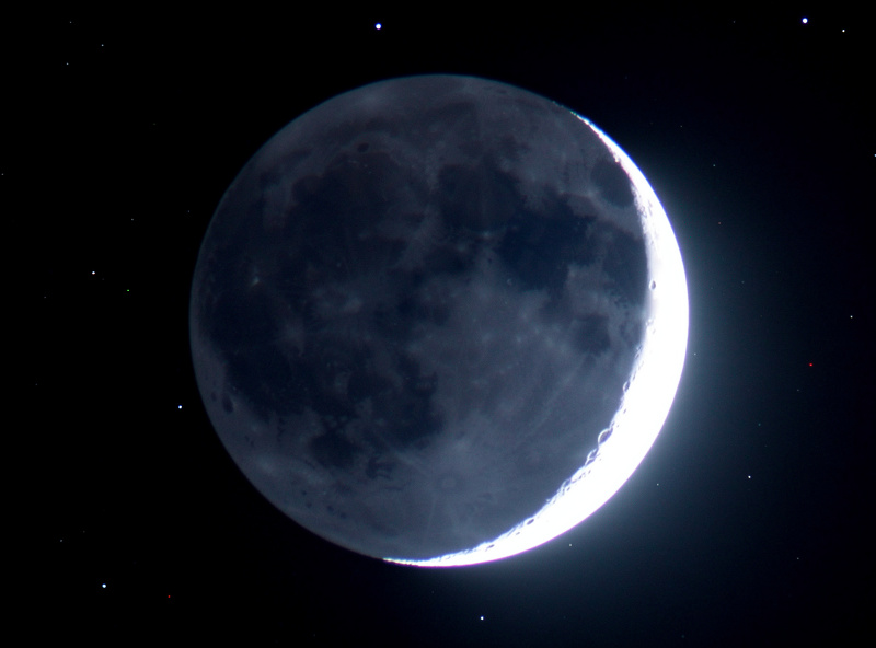 Earthshine on Moon dark side during crescent phase