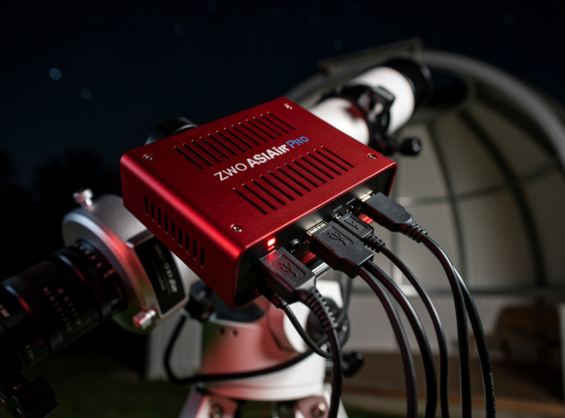 Close-up of an ASIAir Pro device mounted on a telescope mount with cables to camera and focuser