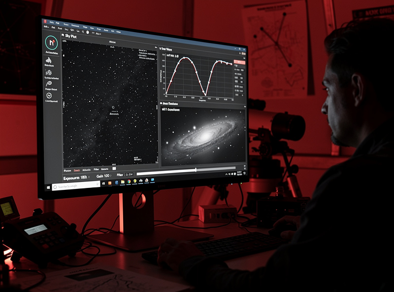 Computer screen showing N.I.N.A. astrophotography software with sky plot and autofocus graph