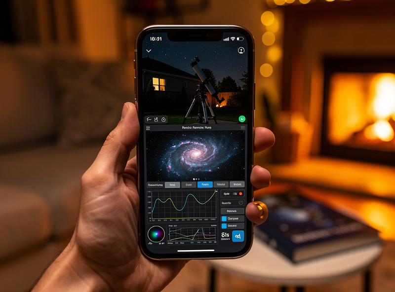 Smartphone showing remote desktop connection to astrophotography rig with live nebula image
