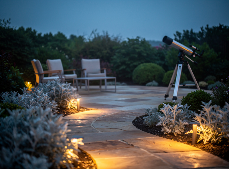 Garden patio at twilight with low landscape lighting near walking path silver foliage of artemisia and lambs ear plants reflecting subtle warm light telescope at the edge