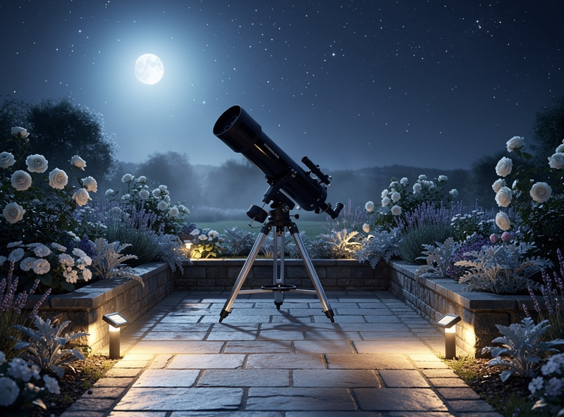 Wide shot of stone garden patio at night with dobsonian telescope in center surrounding garden beds full of pale flowers and silvery plants softly illuminated by moonlight starry night sky
