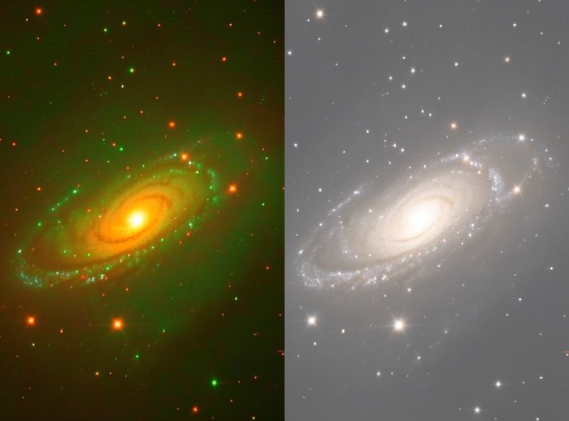 A galaxy image before and after color calibration, showing a color cast corrected to neutral on a monitor