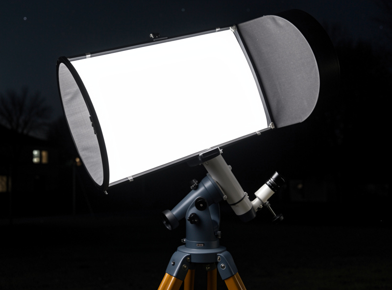 Flat-field light panel over a refractor dew shield for shooting calibration flats