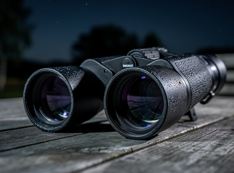 A pair of 10x50 astronomy binoculars resting on a wooden table under a clear night sky