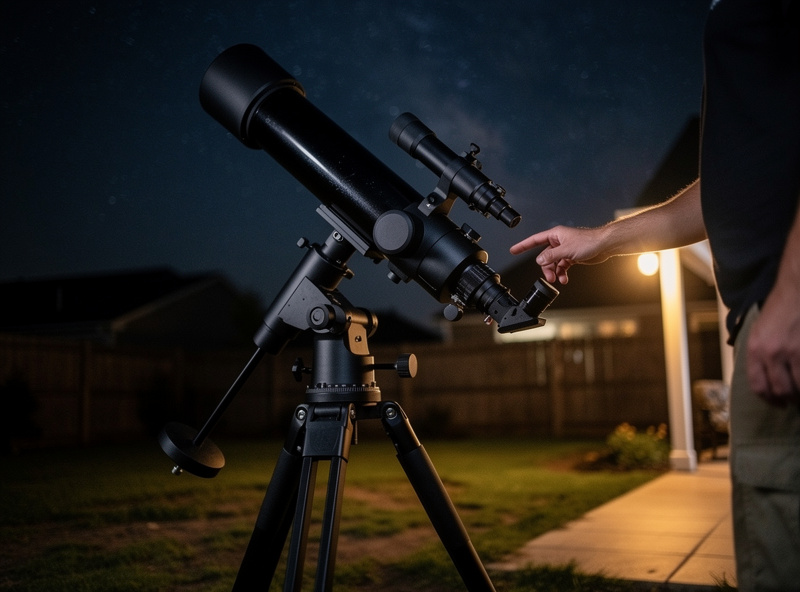 Astronomy binoculars mounted on a tripod with a parallelogram arm pointed at the night sky