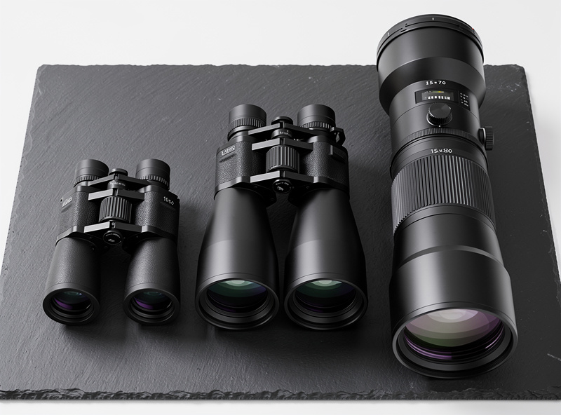 Comparison of three sizes of astronomy binoculars from compact 10x50 to giant 25x100 on a dark surface