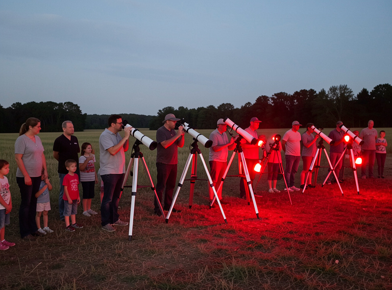 A public astronomy outreach night with several telescopes set up in a row and families waiting to look