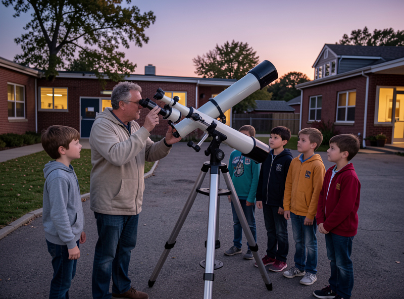 An amateur astronomer showing schoolchildren how to look through a large Dobsonian telescope at twilight