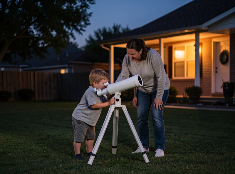 A parent and young child at a small telescope on a suburban backyard lawn at dusk