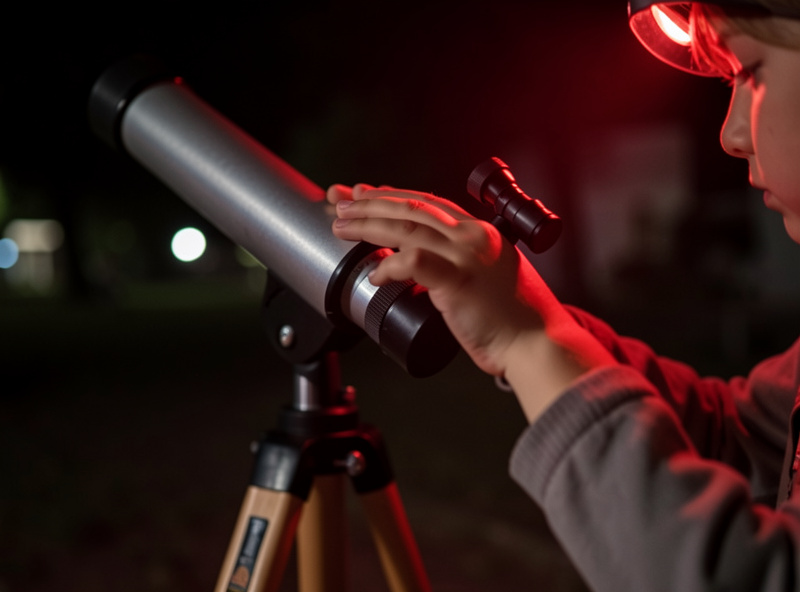 Close-up of a child's hands on the focus knob of a small Dobsonian telescope under red headlamp light