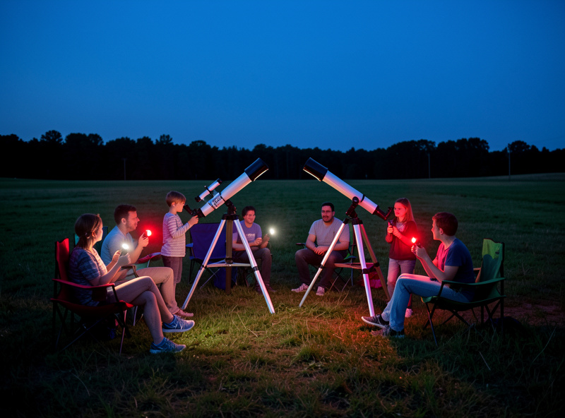 A family gathered around two telescopes on a grassy field at blue-hour twilight with red flashlights