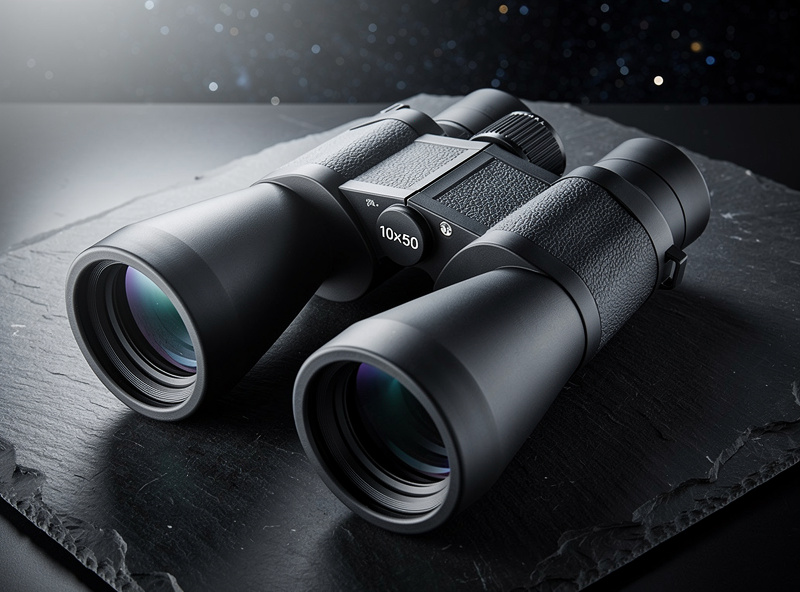 A quality 10x50 porro-prism astronomy binocular on a dark surface with star field behind