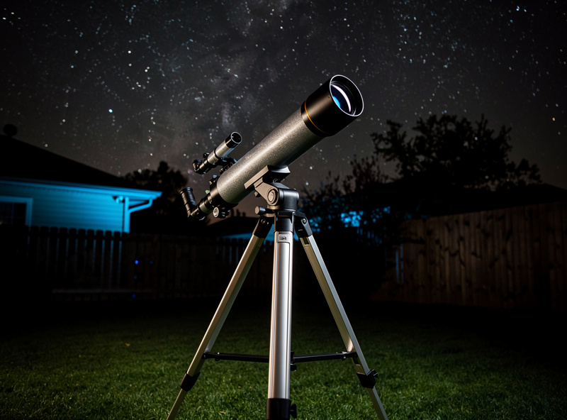 A 15x70 astronomy binocular mounted on a tripod pointed at the night sky in a backyard