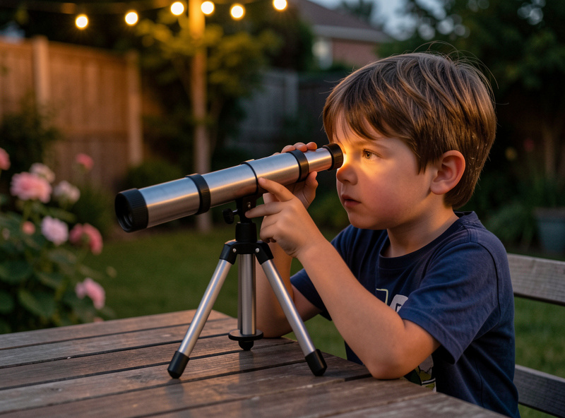 A young child looking through the eyepiece of a small tabletop Dobsonian telescope on a garden table at dusk
