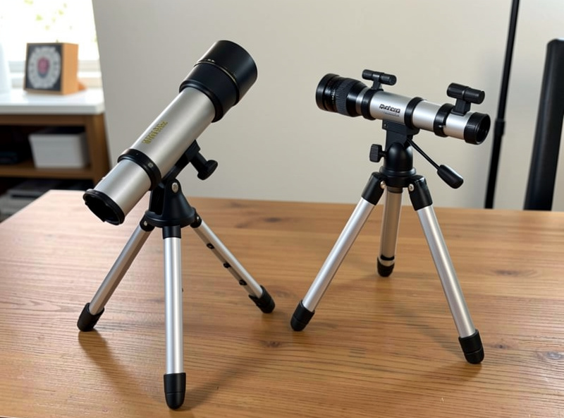 A small tabletop Dobsonian telescope and a compact refractor side by side on a table