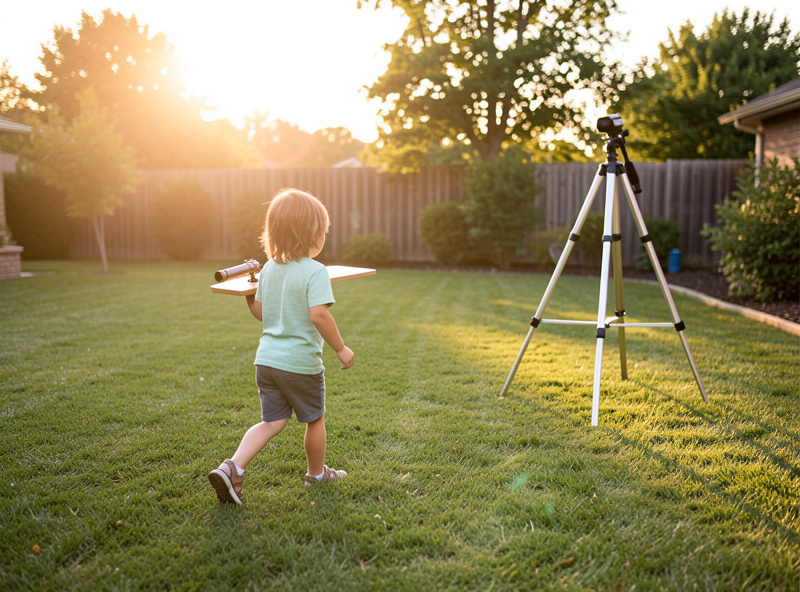 A child carrying a small tabletop telescope across a backyard lawn at golden hour