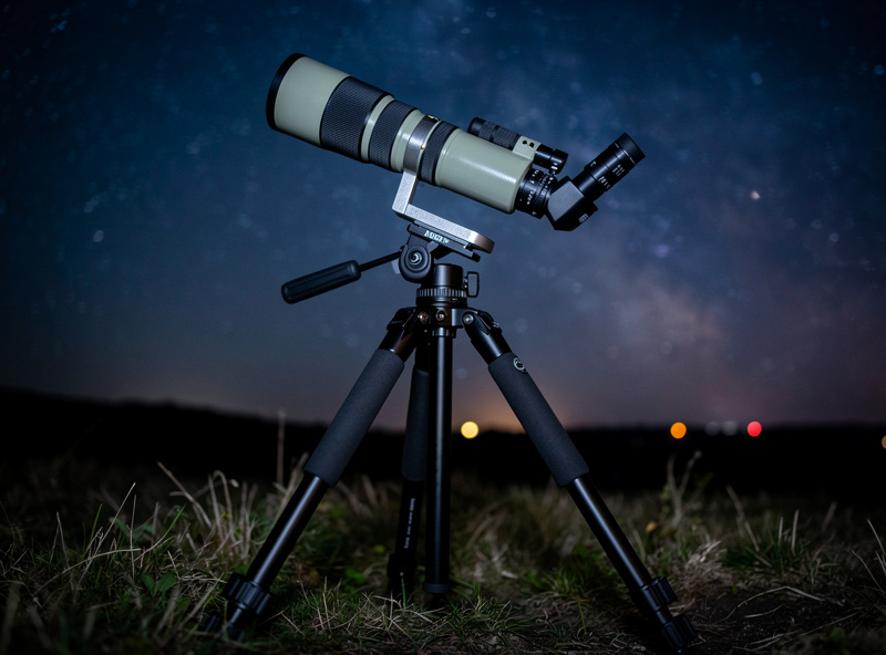 Astronomy binoculars on an L-adapter attached to a photo tripod, pointed at the night sky