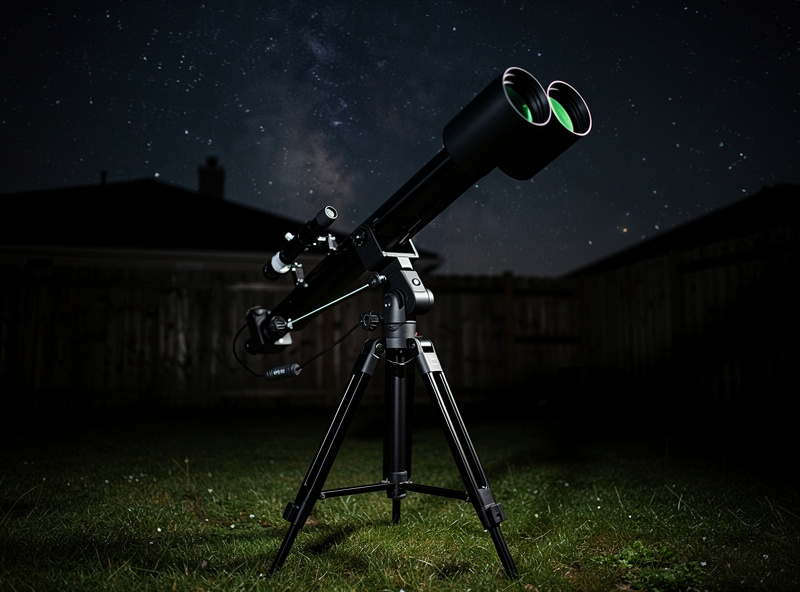 A parallelogram binocular mount holding large astronomy binoculars in a backyard at night