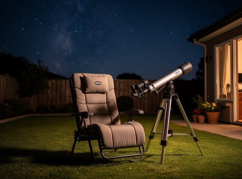 A reclining observing chair beside mounted binoculars under a starry sky