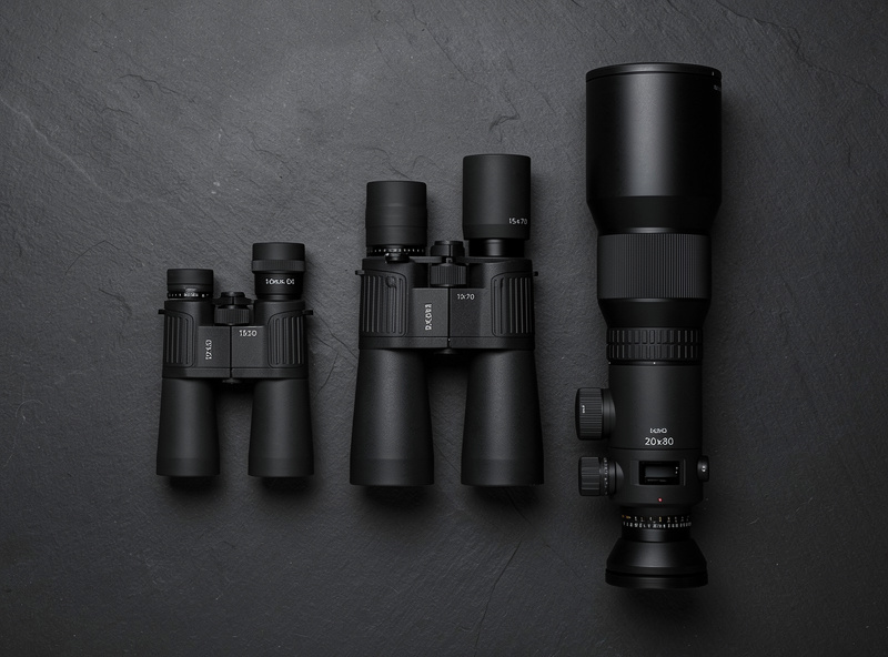 Three astronomy binoculars of increasing size, 10x50, 15x70, and 20x80, lined up on a dark surface for comparison