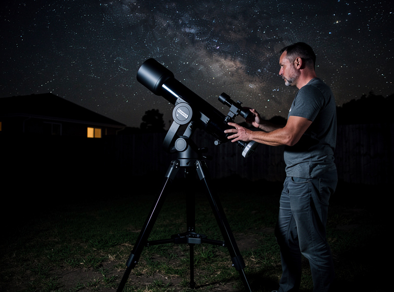 A 15x70 astronomy binocular on a parallelogram mount in a backyard pointed at the stars