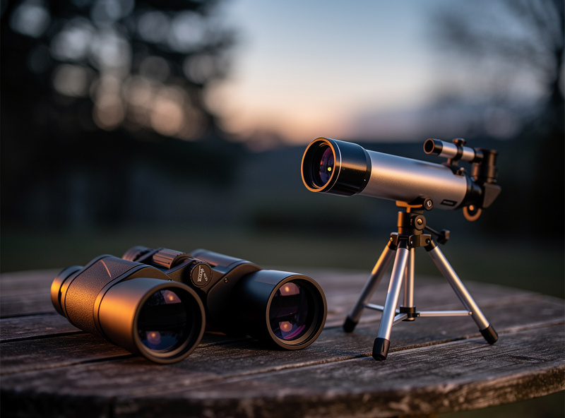 Binoculars and a small telescope side by side on a table outdoors at dusk